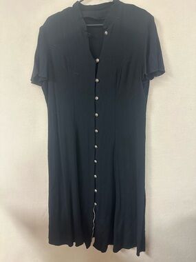 Vintage 90s Black Rayon Dress Womens Small Short Sleeve Shell Button Front Sz 8?